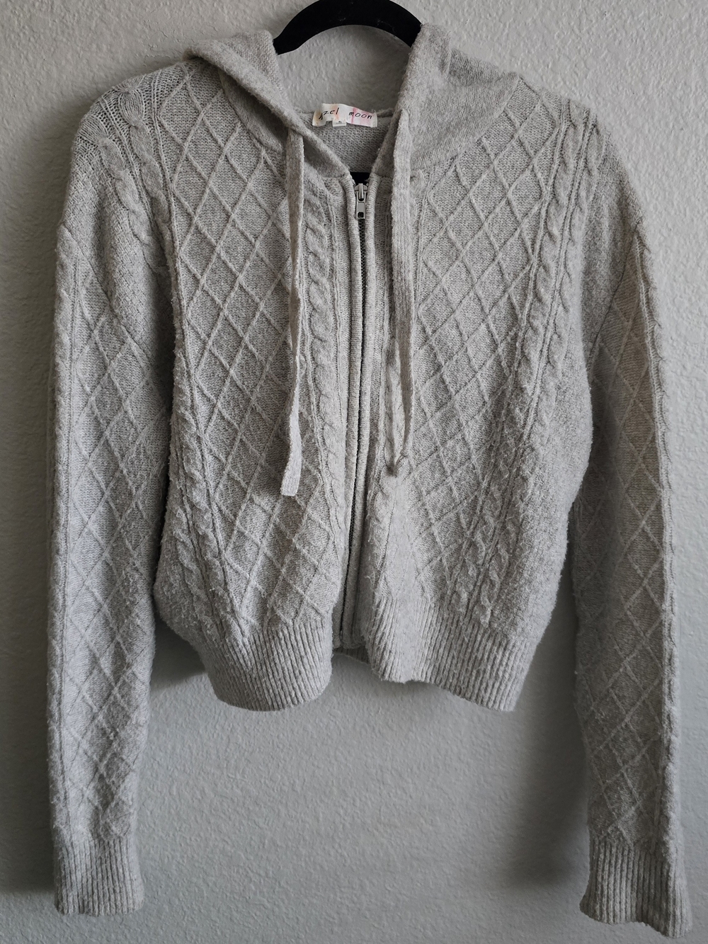 hazel Light Gray Diamond Knit Zip Hoodie Cardigan